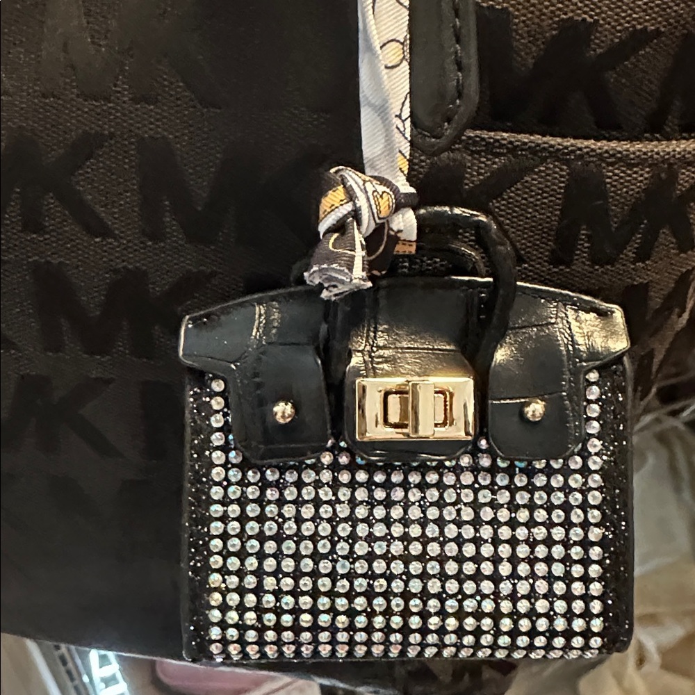 Black Mini Rhinestone Studded Bag With Strap.